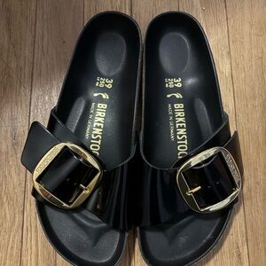 Birkenstock Glossy Black Slides with Gold Buckle